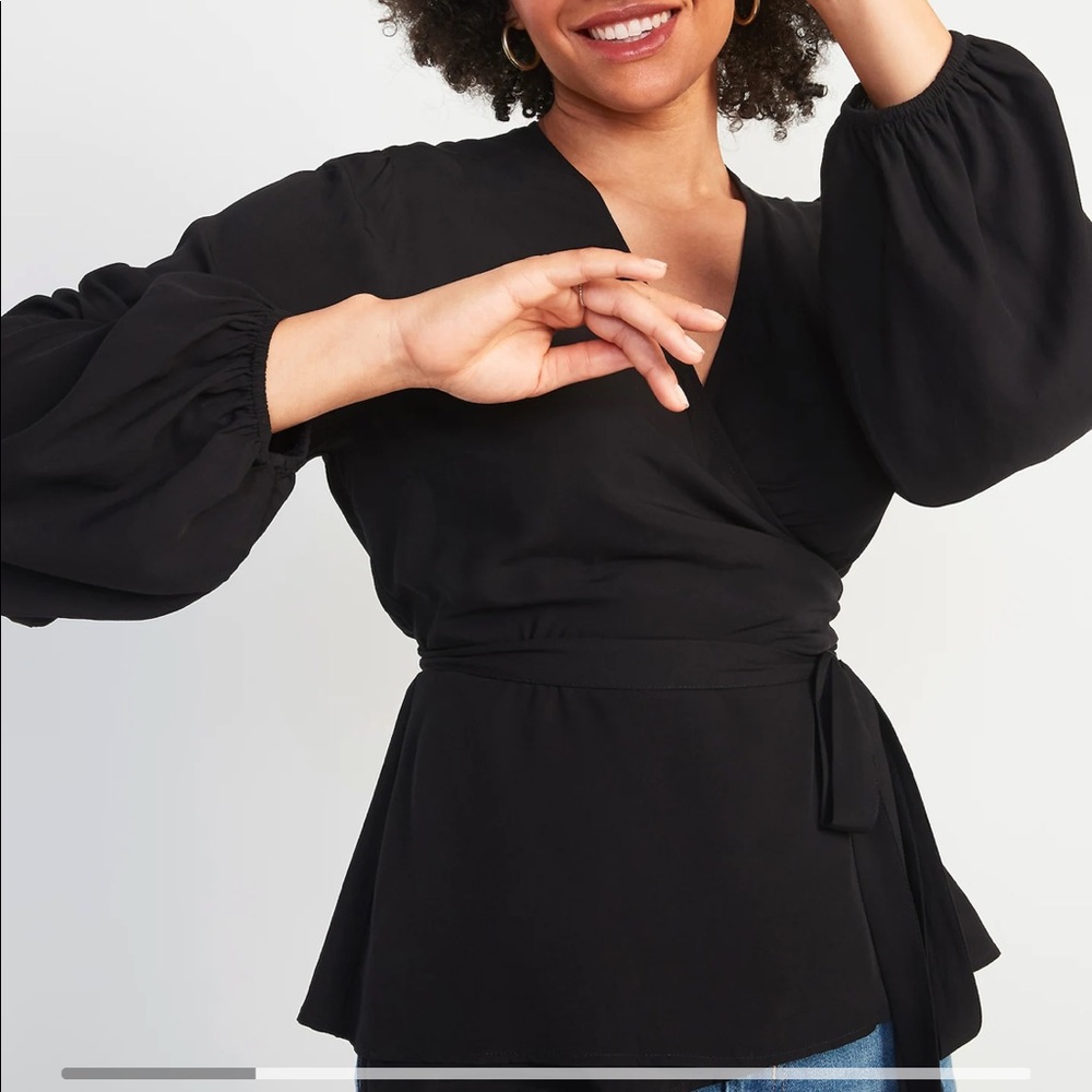 Black Tie Belt Wrap Blouse